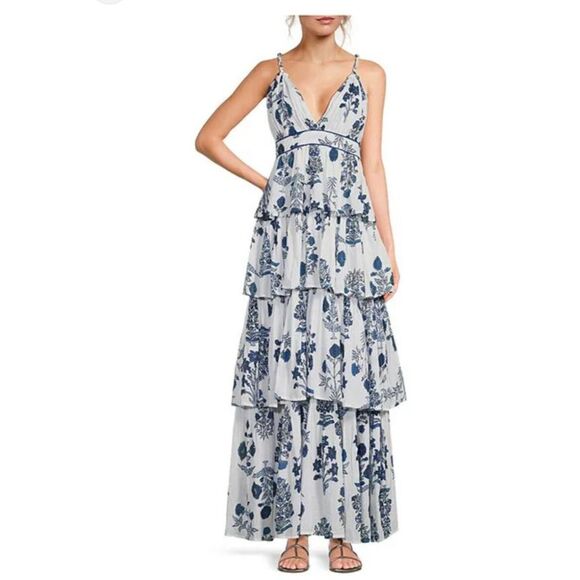 NWT Ro's Garden Nevada V-Neck Tiered Ruffle Maxi Dress - Picture 1 of 9